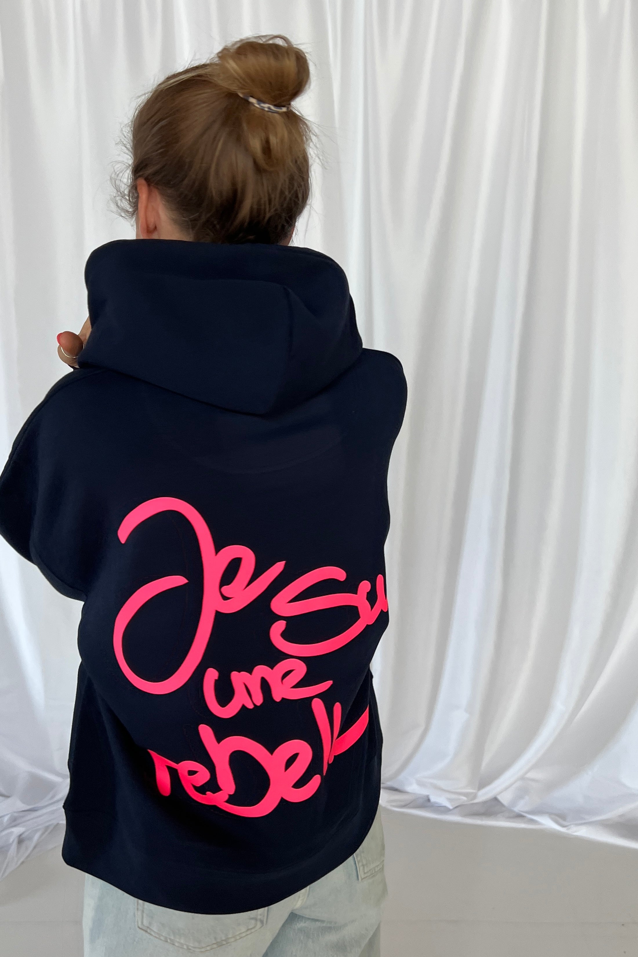 Hoodie Crop UNE REBELLE navy/ neon pink