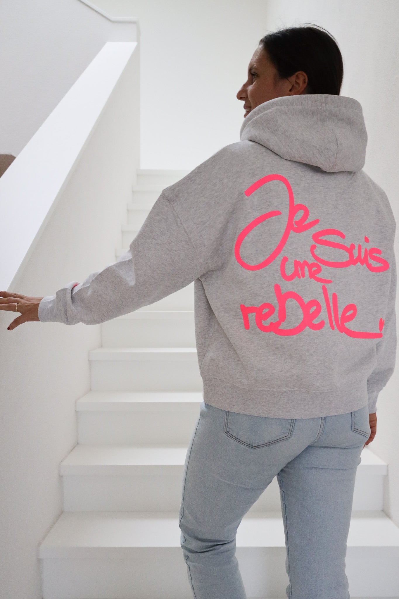 Hoodie Crop UNE REBELLE grey/ neon pink