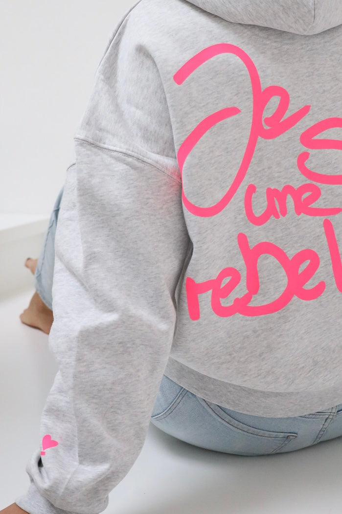 Hoodie Crop UNE REBELLE grey/ neon pink